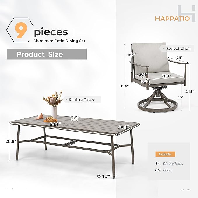 HAPPATIO 9-Piece Patio Table and Chairs Set for 8, Aluminum Outdoor Dining Set with Cushions, 8 Swivel Dining Chairs, 1 Large Rectangular Table with Umbrella Hole for Lawn, Porch, Backyard, Grey