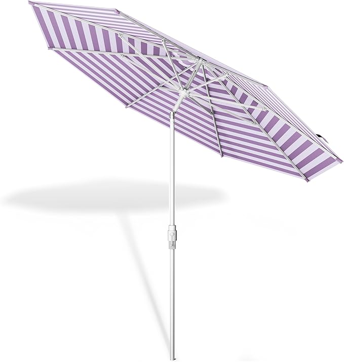 Midtown Umbrellas The Swilt 10 Feet Patio Umbrella in Terylast Midtown Stripes Purple/White Polyester Fabric - Fiberglass Ribs, Auto-Tilt Aluminum Frame For Backyard, Deck, Garden, Pool - White Pole