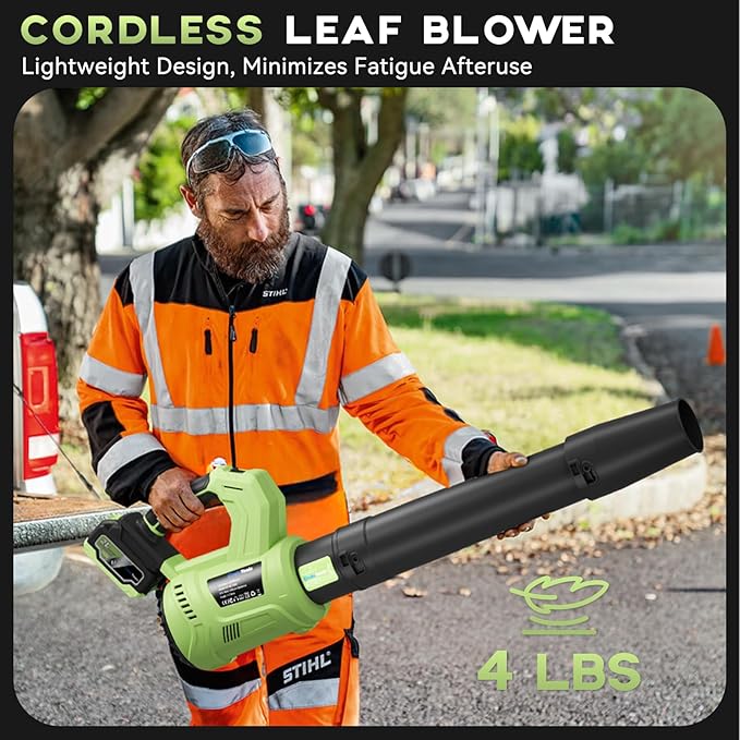 Leaf Blower Cordless - 650 CFM 150 MPH Electric Leaf Blower with 2 x 4.0Ah Batteries & Fast Charger, 2-Speed Settings, Lightweight Blower for Lawn, Yard, Leaves, Dust, and Snow Care (Green)