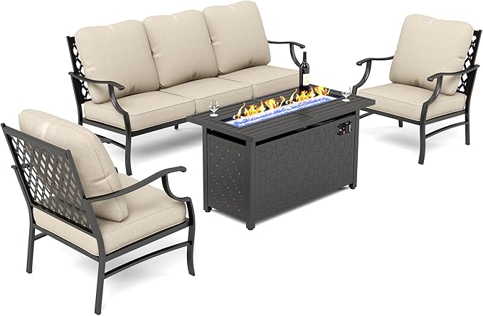 Patio Furniture Set with Firepit Table, 4 Piece Metal Outdoor Patio Furniture, 2 Single Chairs and 3 Seater Sofa with 5.75" Extra Thick Cushion and Gas Firepit Table for Backyard Deck
