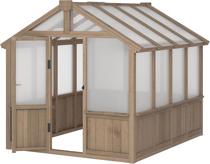 Mupater 6 x 8 FT Wooden Polycarbonate Greenhouse with Ventilated Window and Lockable Door, 6mm PC Panels for UV Protection, Walk-in Greenhouse Kit for Outdoor, Garden and Backyard, Brown