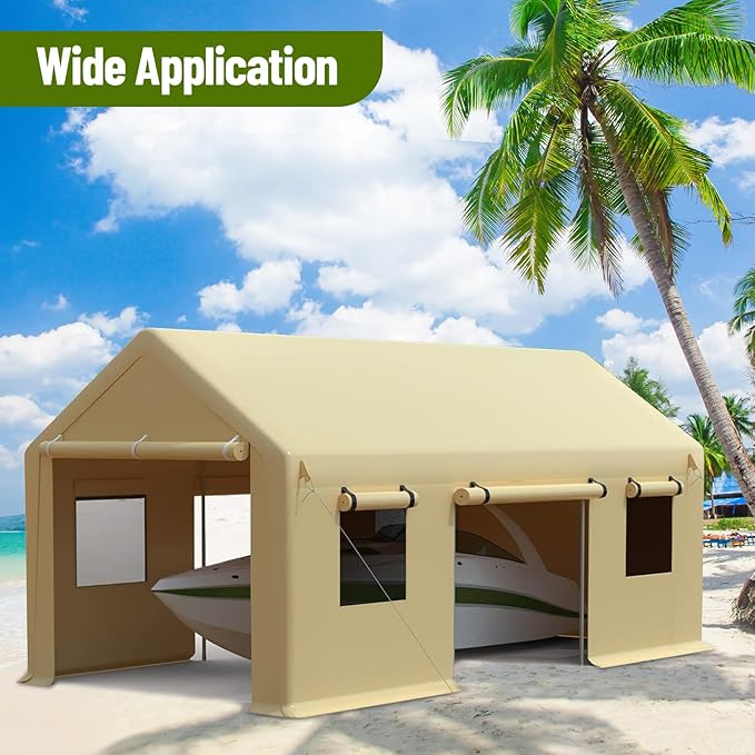 10 x 20FT Heavy Duty Carport with Roll-Up Windows, Portable Garage with Removable Sidewalls & Doors, Portable Car Tent Garage with Roll-Up Windows and All-Season Tarp, for Car, Truck,
