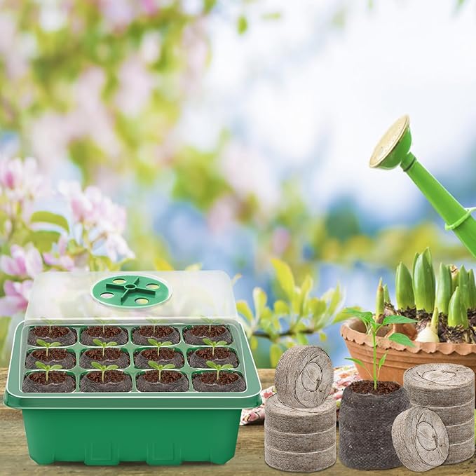 Halatool 4 Pack Seed Starter Tray with 50 PCS Peat Pellets, 48 Cells Green Seeding Starter Trays for Organic Seed Stater Soil Pods for Planting Vegetables Plants Flowers - Starting Seeds Kit