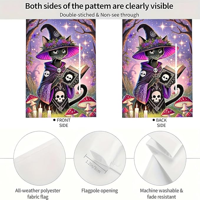 Halloween Garden Flag 11.81 x 17.72 Inch Black Cat in Witch Hat with Magic Book Candles Mushrooms and Starry Night Outdoor Yard Decoration for Holiday Party