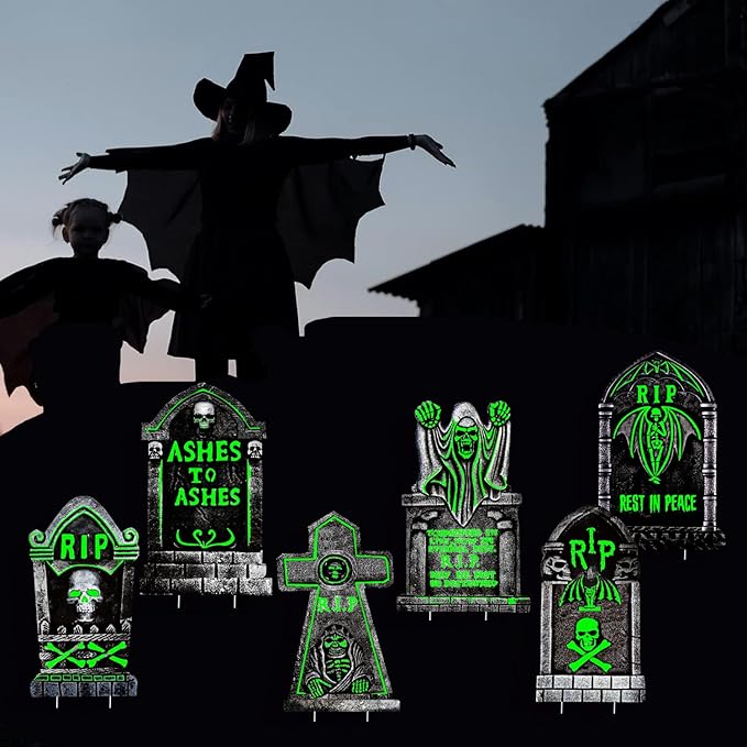 6 Pack Light Up Halloween Tombstones Decoration, 16.5"x11" Spooky Graveyard Decor for Outdoor Yard Parties, Waterproof Plastic Grave Markers with 12 Stakes for Cemetery Lawn Displays