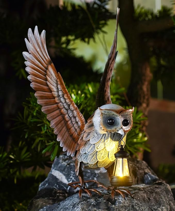 Nacome Garden Owl Statue for Yard Art: Metal Outdoor Sculptures with Solar Lantern for Clearance Lawn Decor for Patio Balcony Front - Gifts for Mom Grandma