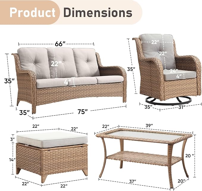 Wicker Outdoor Conversation Set-6 Pieces Outdoor Wicker High Back Couch with Swivel Rocker Chairs Patio Furniture for Deck Poolside Backyard-Yellow/Beige