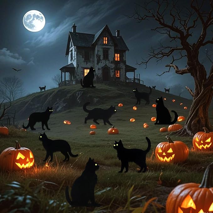 6 PCS Black Cat Halloween Lawn Signs with Stakes, Glow-in-The-Dark Eyes, Spooky Outdoor Yard Decorations for Garden and Halloween