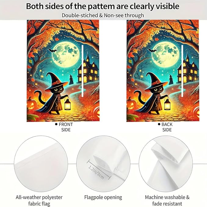 Halloween Garden Flag 11.81 x 17.72 Inch Black Cat in Witch Hat with Lantern Full Moon Haunted House Pumpkins and Autumn Leaves Outdoor Yard Decoration