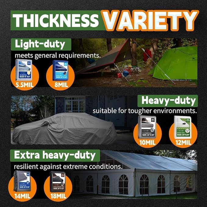 Heavy Duty White Tarps 6' X 8',12 Mil Extra Thick,Durable,Waterproof, UV Resistant, Weatherproof Poly Canopy Tarp,Camping,Carport, (Finished Size)-by Raindeway