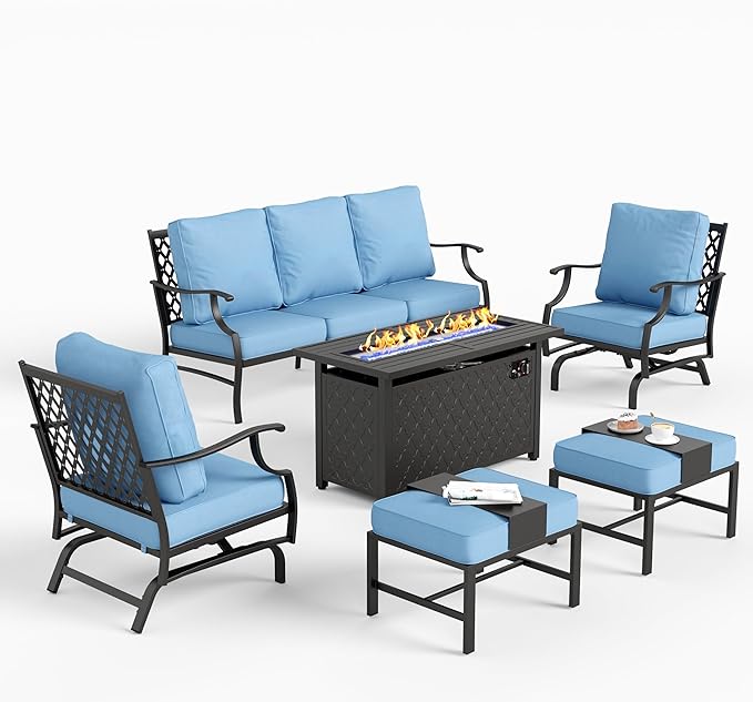 6 Pieces Metal Patio Furniture Set with Firepit Table, Patio Conversation Set with 5.75" Thick Cushion, Outdoor Furniture 3-Seater Sofa, 2 Rocking Chair & 2 Ottoman for Backyard, Blue