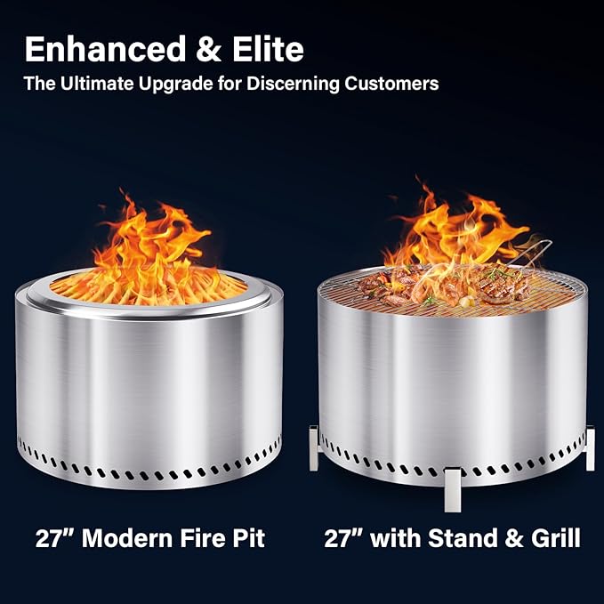 HGD 27.5" Smokeless Fire Pit Outdoor, Stainless Steel Wood Burning Firepit with Secondary Combustion, Backyard Patio Stove for Garden, BBQ & Bonfire