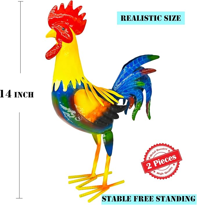 MACLARONX 2 PCS Metal Rooster Yard Art Outdoor Garden Decor Roosters Chicken Statue Decorations for Kitchen Home Lawn Patio, Multicolor