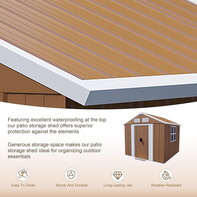 Outdoor Tool Shed 4x6 FT Heavy-Duty Metal Storage Shed with Lockable Door, Windows & Ventilation - Weather-Resistant Roof Garden Shed for Backyard, Patio, Lawn (Brown)