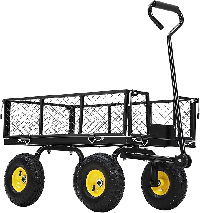 Heavy Duty Steel Garden Cart, 550LBS Pullable Metal Garden Wagon with 10" Wheels, 180° Rotating Handle and Removable Sides for Outdoor, Farm, Yard, Beach 