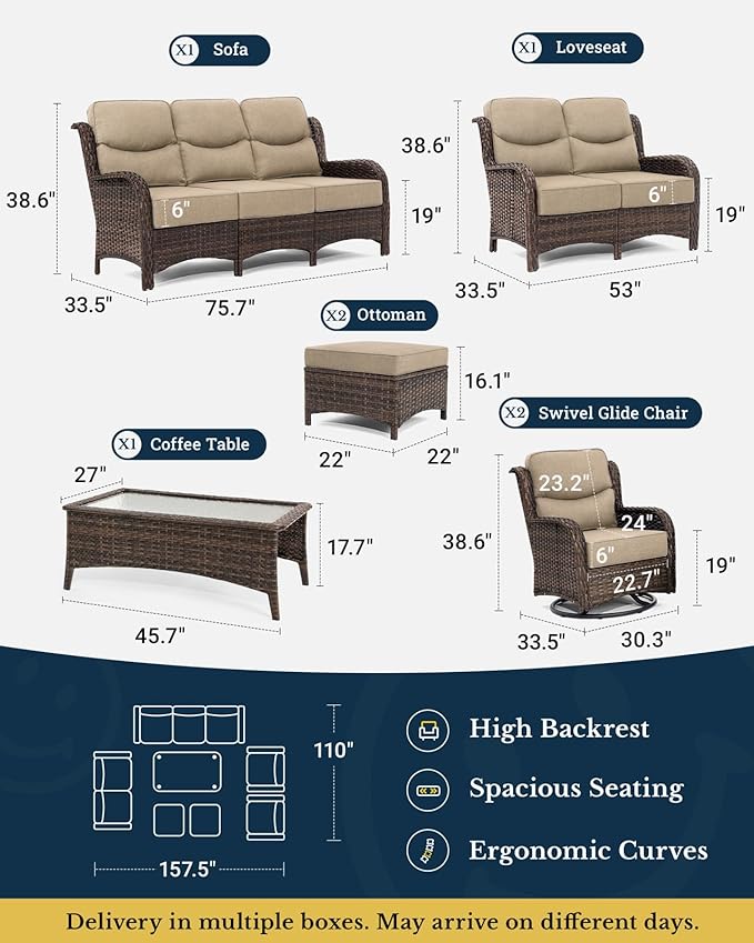 HILLGA Luxury High Back Patio Furniture Set with 6-Inch Thick Cushion, 7-Piece Outdoor Conversation Set with Sofa, Swivel Rocker Chairs & Ottomans, Ideal for Porch Pool Deck Yard (Beige)