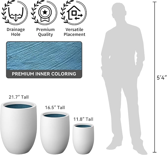 Kante 16.5 Inch Tall Concrete Planter, Large Indoor Outdoor Plant Pot with Drainage, Smooth White Finish with Aqua Blue Interior, Ideal for Porch, Home, Garden, Patio