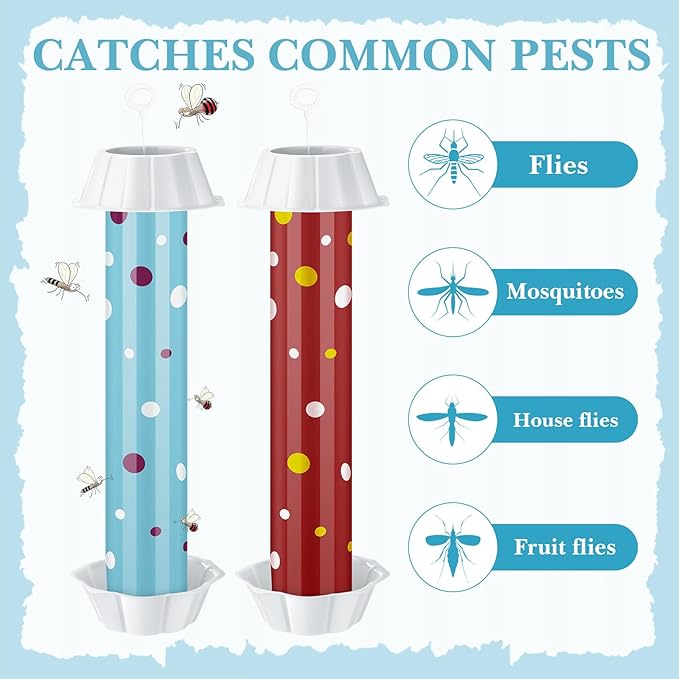 12 Pcs Sticky Fly Trap Fly Stick Indoor Outdoor Long Lasting Adhesive Fly Catcher with Hanging Hook for Wasps Gnats Bugs Insects Moths Fruit Flies Mosquitoes Spiders Fleas (White, Blue, Red)