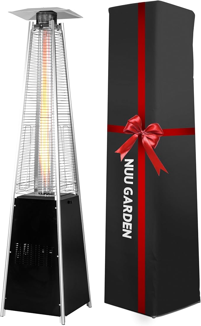 Nuu Garden 48,000 BTU Outdoor Propane Patio Heater, Pyramid Heater with Oxford Cover, Hammered Bronze Tower for Garden, Terrace, Black