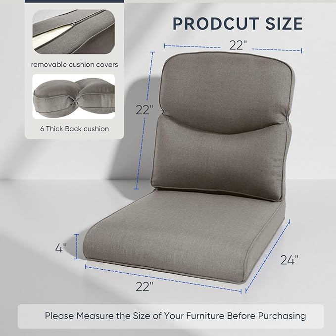 8-Piece Outdoor Patio Cushion Set - Fade & Water Resistant with Removable Olefin Cover, 22x24x4 Inch Memory Foam Cushions for Wicker Sectional Sofa – Grey/Crescent