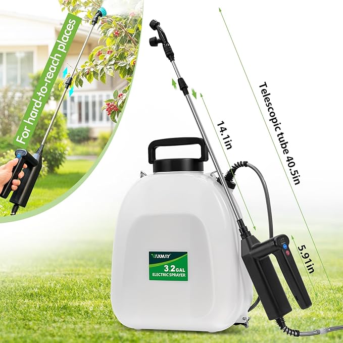 Battery Powered Sprayer 3.2 Gallon, VAXMAY Backpack Sprayer with 3 Adjustable Speeds, Battery Indicator, 5 Mist Nozzles, 41" Retractable Wand, USB Rechargeable Weed Sprayer for Lawn Garden Yard