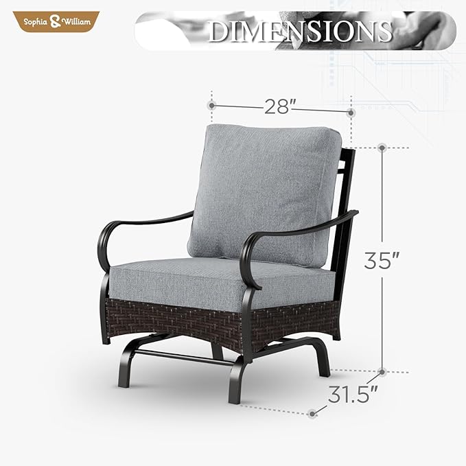 Sophia & William Extra Large Outdoor Patio Motion Sofa Chairs Set 2 PCS Heavy-Duty Metal Porch Furniture with High Back & Deep Seating Area, 5.5" Thicken Cushions for Deck, Lawn, Outside (Grey)