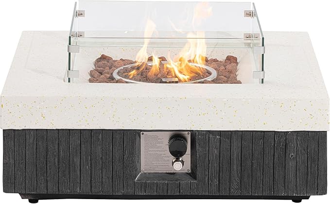 COSIEST 35" Outdoor Propane Fire Pit Table w Tank Cover & Wind Guard, Square Gas Fire Pit Table with Concrete & Wood Grain Design, 50000BTU CSA Certified Fire Tables for Patio, Backyard, Garden