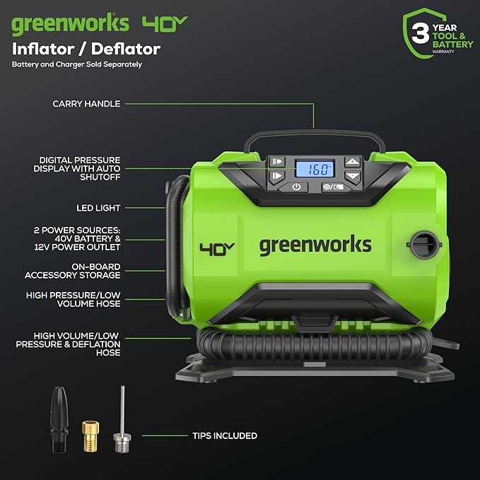 Greenworks 40V 21" Self-Propelled Lawn Mower,Axial Leaf Blower(500 CFM / 120 MPH),13" String Trimmer, 160 PSI Portable Tire Inflator, Includes 2 Batteries(5Ah+2Ah) & Chargers