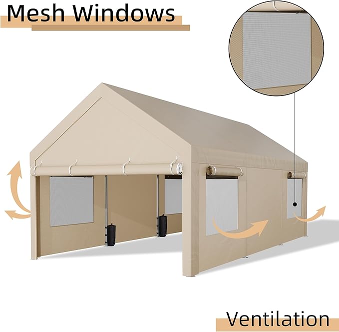 JY QAQA Carport, 10x20 FT Heavy Duty Carport Reinforced Steel Poles with Removable Sidewalls & Doors,Roll-up Windows Car Canopy with Sandbags and All-Season Tarp for Car Boat Truck Motorcycle