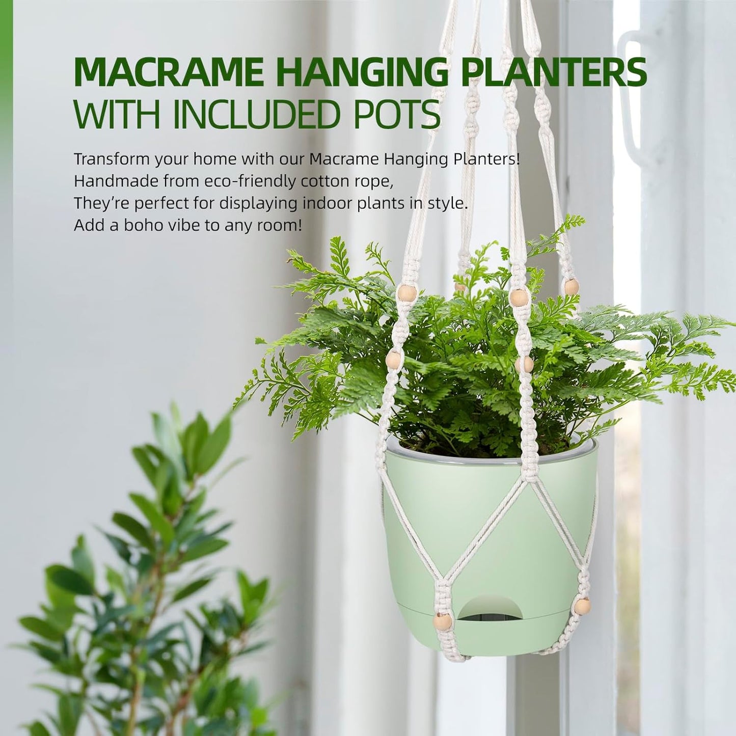 2-Pack 5.7-Inch Self-Watering Hanging Planters for Indoor & Outdoor Plants,34Inch Macrame Hanger Plant Pots Indoor with Drainage,Small Hanging Planters & Baskets,With Two Sets of Hooks(Pure green)