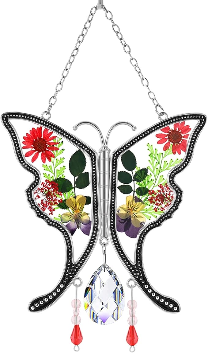 KY&BOSAM Gifts for Mom Crystal Butterfy Suncatcher Stained Glass Butterfly Suncatchers for Windows with Pressed Real Flowers Heart Charm Engraved with Crystal Mother`s Day Birthday
