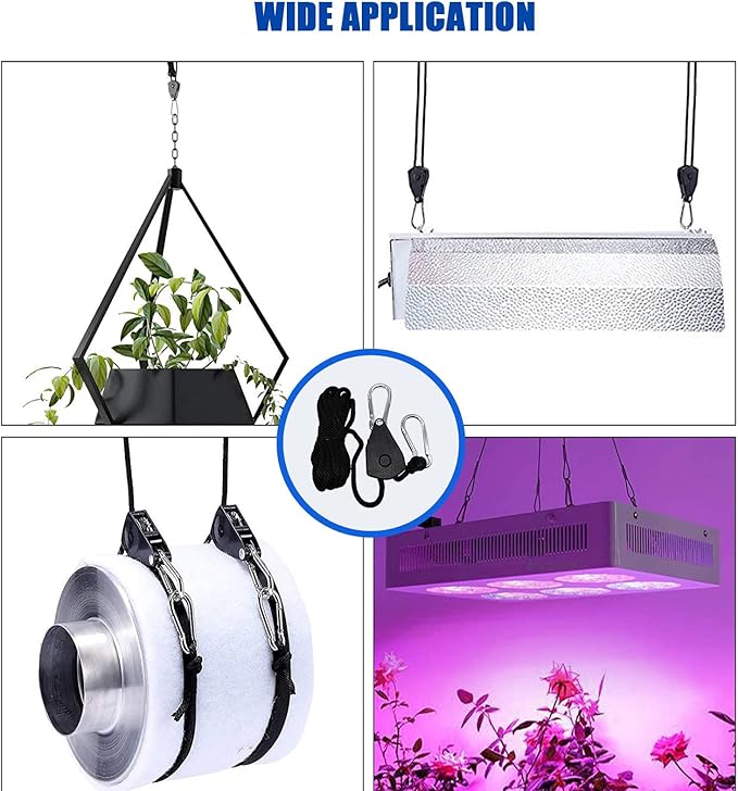 Grow Light Rope Hanger ,1/8" 8-Feet Long Heavy Duty Adjustable Rope Clip Hanger, Adjustable Rope Ratchet Hangers 150 Lbs per Pair (12 Pairs)