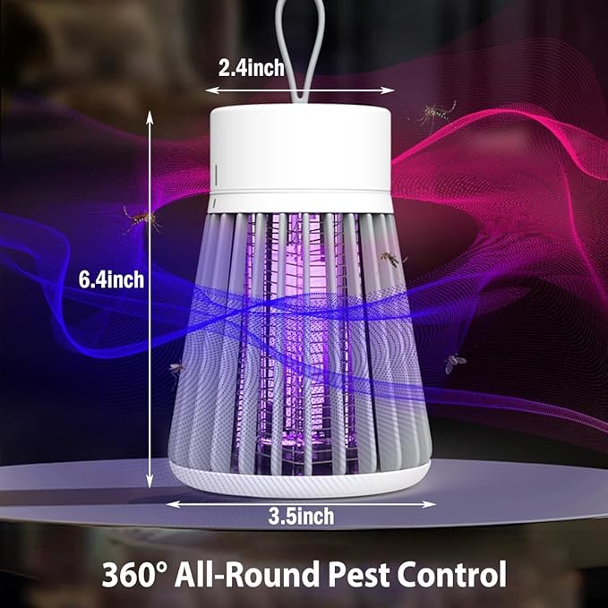 Bug Zapper Rechargeable, Hangable Mosquito Killer Lamp - Portable UV Insect Gnat Trap for Outdoor/Indoor, USB-Powered with Grid for Camping, Bedroom, Patio, Kitchen