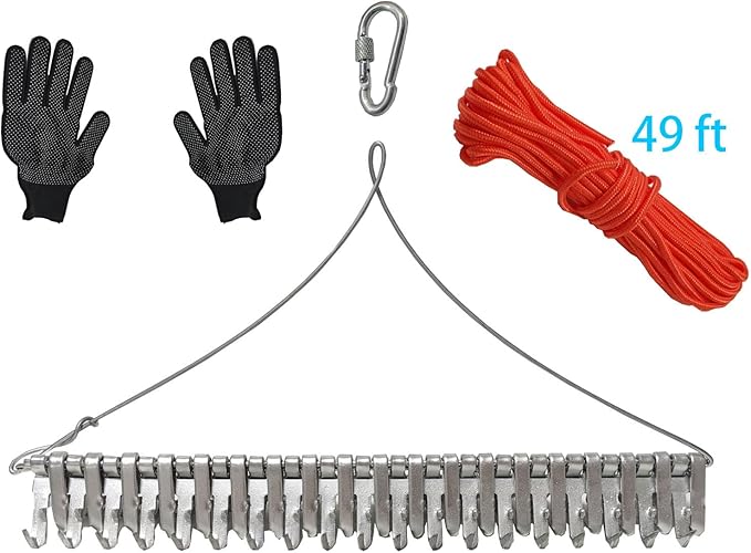 16" Pond Rake,Weed Removal Tool, 50ft Thicker Rope,Double Sided Weed Cleaning Tool Rake,or Pond, Lake, Rivulet