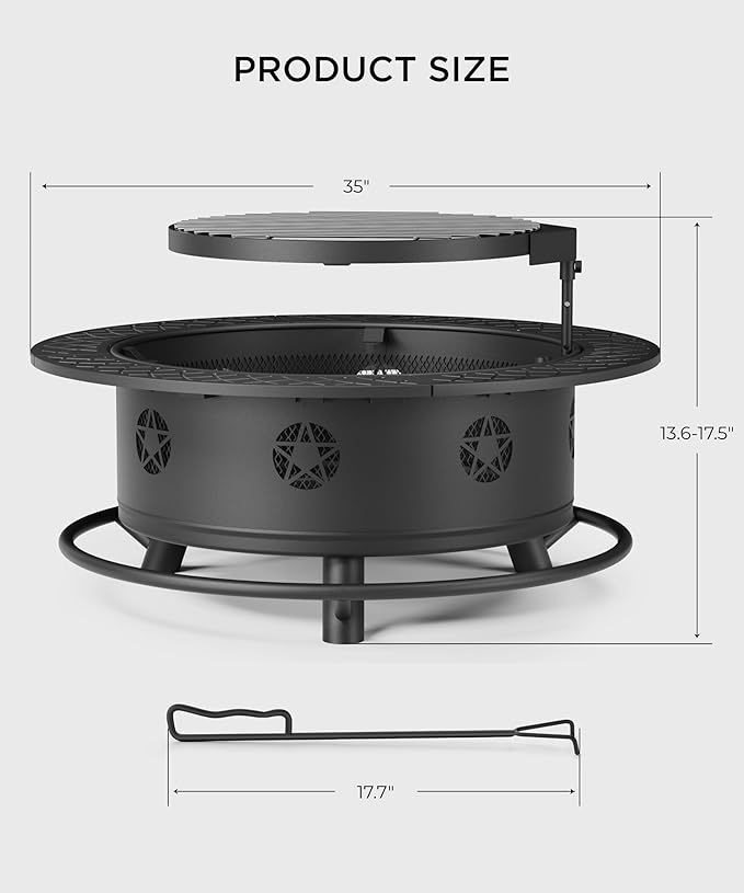 35 Inch Fire Pit with BBQ Grill, Wood Burning Fire Pits for Outside with Lid & Fire Poker, 3 in 1 Round Metal Fire Pit Table with Cooking Grate, Outdoor Firepit for Backyard, Patio, Bonfire, Picnic