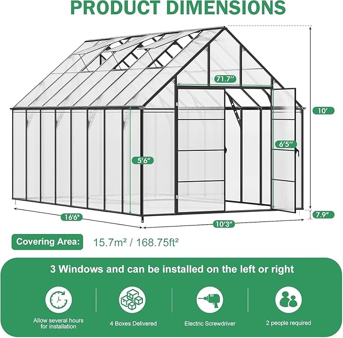 CDCASA 10x16x10 FT Greenhouse for Outdoors,Large Polycarbonate Greenhouse Aluminum Greenhouses w/3 Vents Window, Swing Door & Quickly T Connector Walk-in Green House for Outside, Backyard, Garden