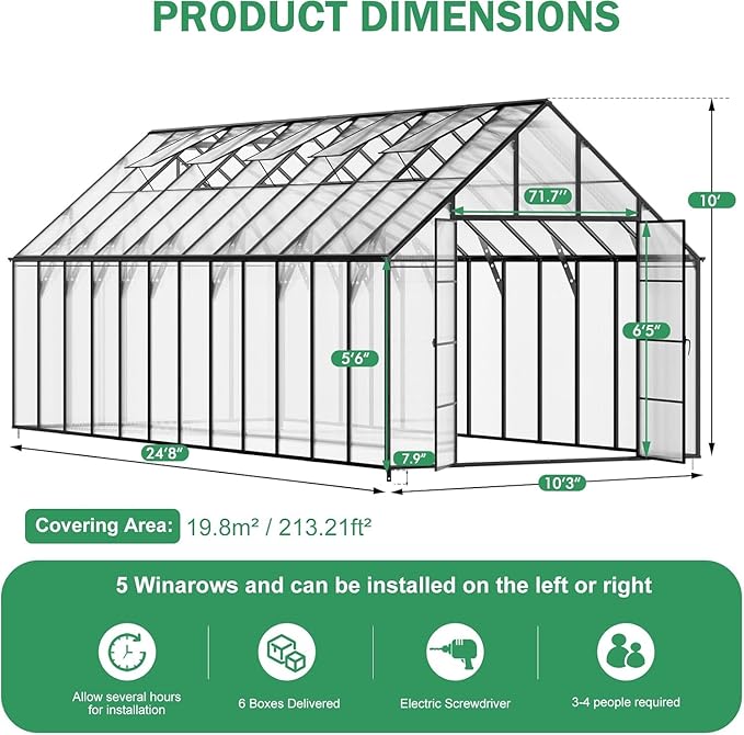 10x24 FT Large Greenhouse, Easy Assembly Hybrid Polycarbonate Greenhouses for Outdoors w/5 Vent Windows & Swing Door Walk-in Greenhouses Aluminum Green House for Outside, Black