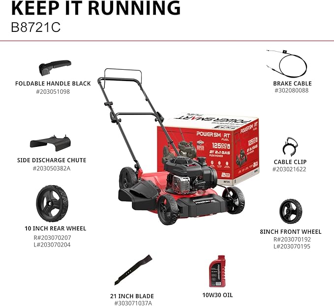 PowerSmart 21-Inch Gas Push Lawn Mower with 125cc Briggs and Stratton Engine, 2-in-1 Mulching Lawn Mower with Side-Discharge, 6-Positions Adjustable Cutting Height (B8721C)