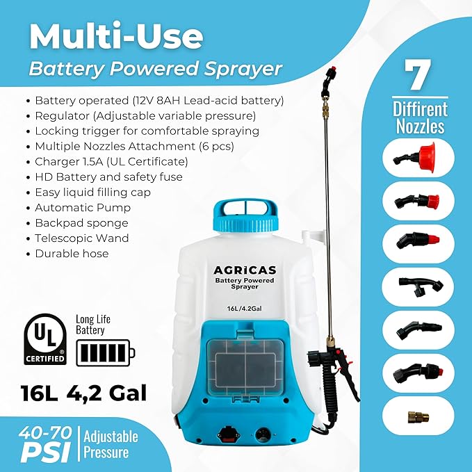 4.2 Gal Battery Powered Backpack Sprayer-Multifunctional Weed Sprayer for Lawn&Garden with Adjustable Nozzles and Shoulder Strap, High-Pressure Spray Hose for Weeding&Cleaning