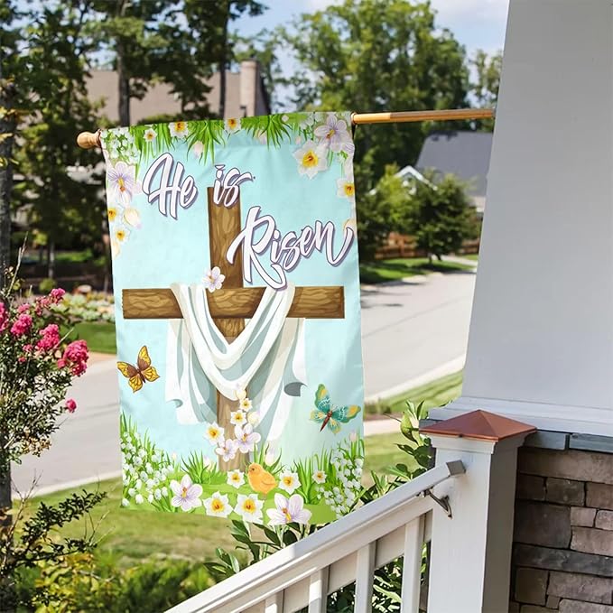 Christian Easter He Is Risen Cross Spring Garden Flag Welcome Party Outdoor Outside Decorations Picks Home House Garden Yard Decor 12x18 Inch