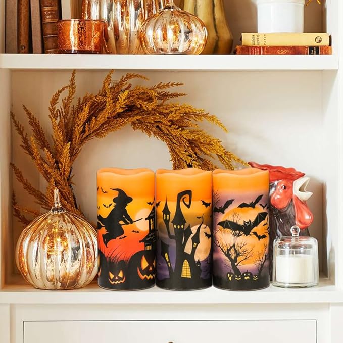 DRomance Halloween LED Flameless Pillar Candles Battery Operated with 6 Hour Timer Set of 3 Orange Wax Warm Light Flickering Witch Bats Castle Spooky Decals Halloween Decor Gifts(3 x 6 Inch)