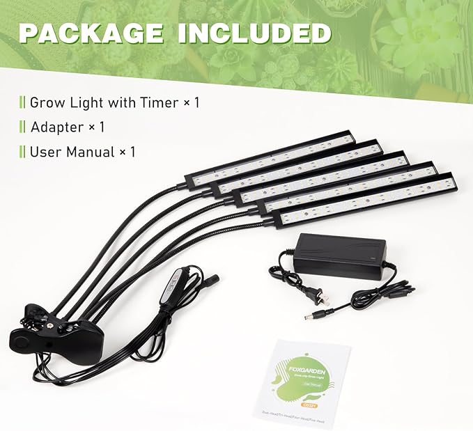FOXGARDEN Grow Lights for Indoor Plants Full Spectrum, Plant Lights for Indoor Growing with Timer 4/8/12 H, Five-Head 260 LED Clip Grow Lamp with Gooseneck, 4 Brightness Levels for Plant Growing