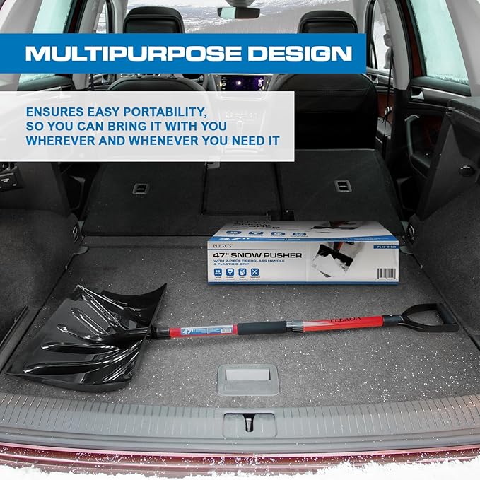 PLEXON Snow Shovel for Driveway, Snow Shovel for Car, Lightweight for Snow Removal, Home Garage, 47" Ergonomic, Plastic with D-Grip Handle