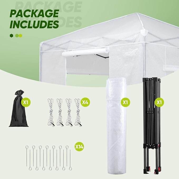EAGLE PEAK Instant Pop-up Greenhouse, Indoor Outdoor Plant Gardening Green House, Roll-Up Zipper Doors and Side Windows, Walk in 8x8 ft, PE Cover, White/Clear