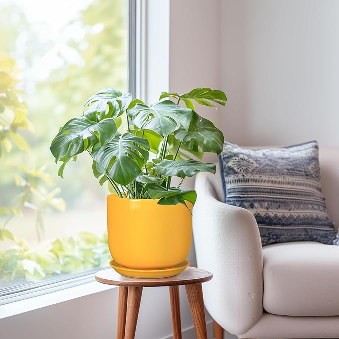 Ceramic Plant Pot 8 Inch - Decorative Modern Round Indoor Planter for Plants Flowers with Drainage Hole and Saucer, House Desk Office Home Decor, Yellow