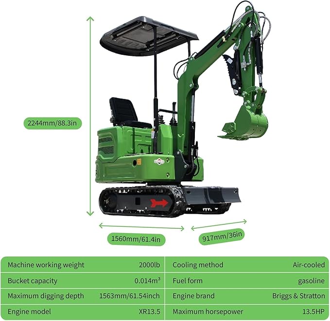 Mini Excavator for 1 Ton B&S Engine with Hydraulic Thumb Clamp,Standard Bucket, 200mm Bucket,Broken Hammer,Auger, Grapple Quick Change Attachments (G Building excavator)