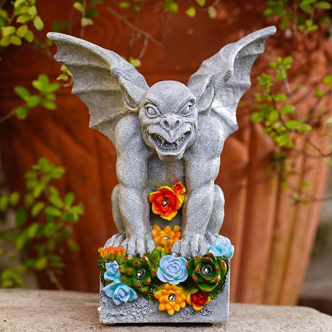 Gothic Gargoyle Garden Statues: Outdoor Sculptures with Succulent Lights Decor for Patio Lawn Yard Art - Gifts for Mom Grandma