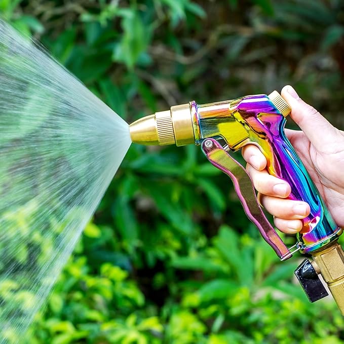 ESOW Heavy Duty Metal Garden Hose Nozzle, High Pressure Water Hose Nozzle with 4 Spray Patterns Rotating, Ideal for Outdoor Lawn & Garden Watering, Car & Pet Washing, Rainbow