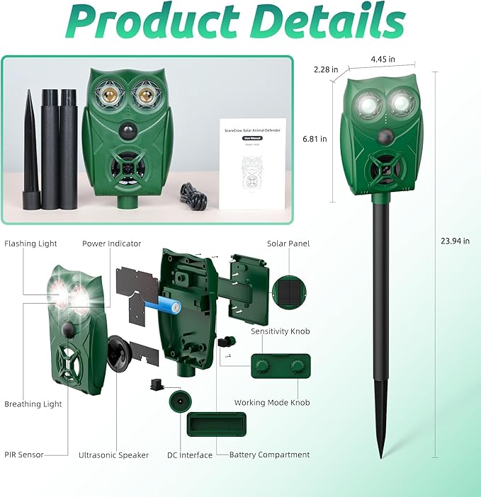 Solar-Powered Ultrasonic Animal Repellent with Motion Sensor, Waterproof Deer Repellent Device with Visual Indicator for Yard, Garden, and Plants, Effective to Repel Deer, Coyotes, Raccoons, and Cats