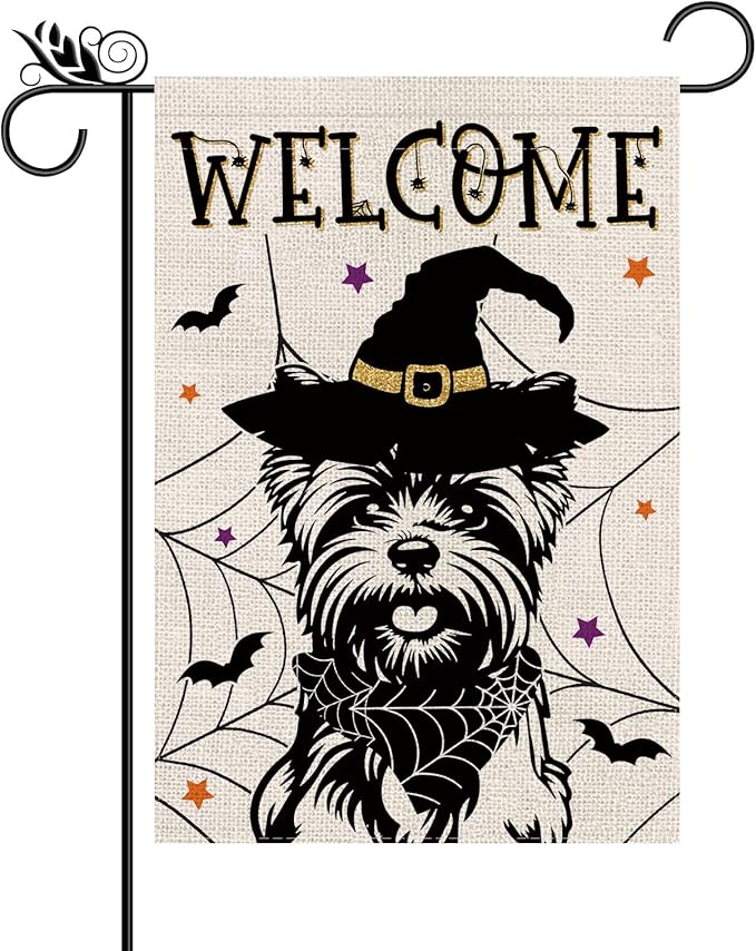 Halloween Garden Flag Yorkie Cobweb Bats Double Sided Vertical Welcome Flag Holiday Outdoor Yard Lawn Decorations 12.5 x 18 Inch